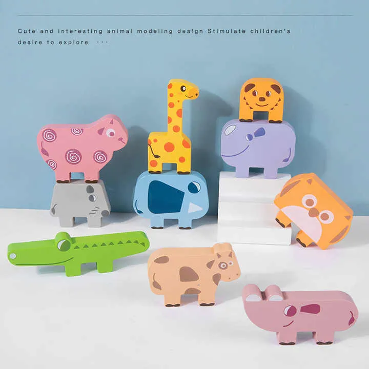 كتل بناء خشبية طويلة لتوازن الحيوانات للأطفال . Long Wooden Animal Balancing Building Blocks for Kids