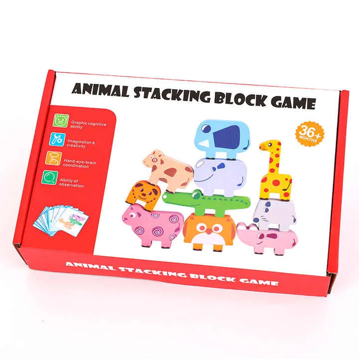 كتل بناء خشبية طويلة لتوازن الحيوانات للأطفال . Long Wooden Animal Balancing Building Blocks for Kids