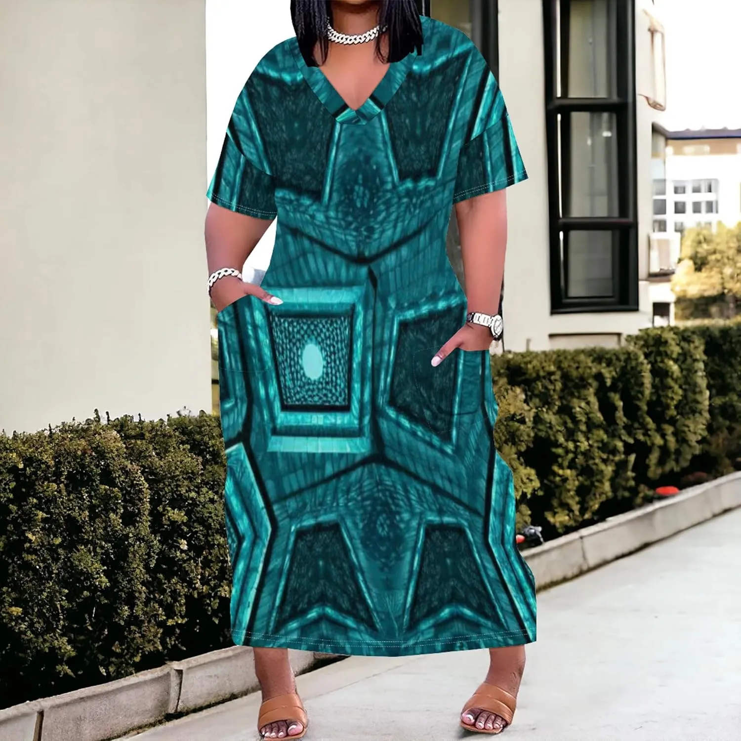 2024 Fahion Women's Plus Size Maxi Dresses Summer V Neck Casual Short Sleeve Party Long Sundress XL-6XL with Pockets