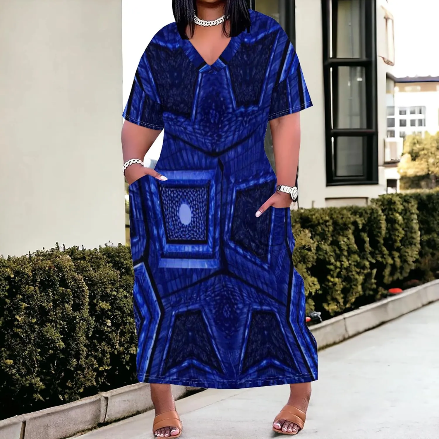 2024 Fahion Women's Plus Size Maxi Dresses Summer V Neck Casual Short Sleeve Party Long Sundress XL-6XL with Pockets
