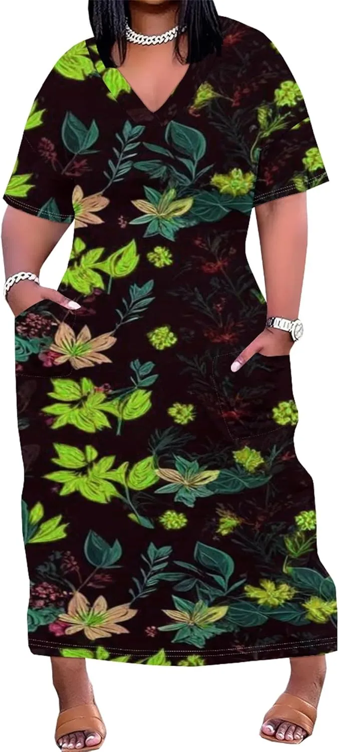 2024 Fahion Women's Plus Size Maxi Dresses Summer V Neck Casual Short Sleeve Party Long Sundress XL-6XL with Pockets