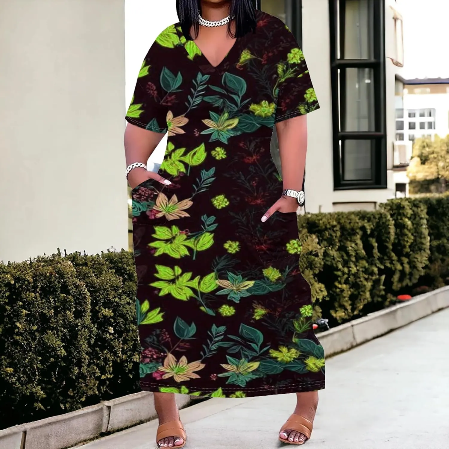 2024 Fahion Women's Plus Size Maxi Dresses Summer V Neck Casual Short Sleeve Party Long Sundress XL-6XL with Pockets