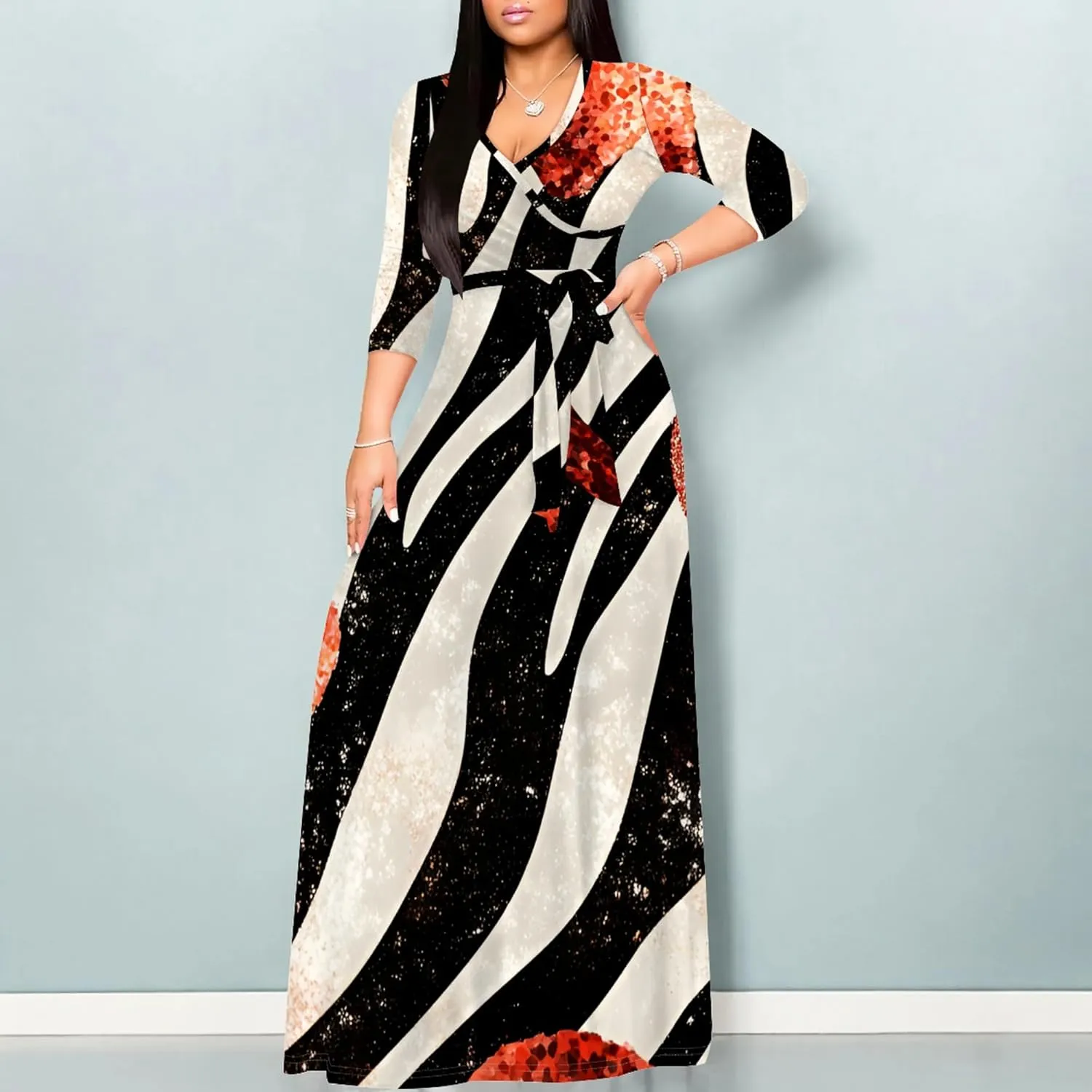 2024 Fall Maxi Dress for Curvy Women Casual Sexy Bodycon V-Neck 3/4 Sleeve Floral Flowy Boho Wrap Sundress with Belt
