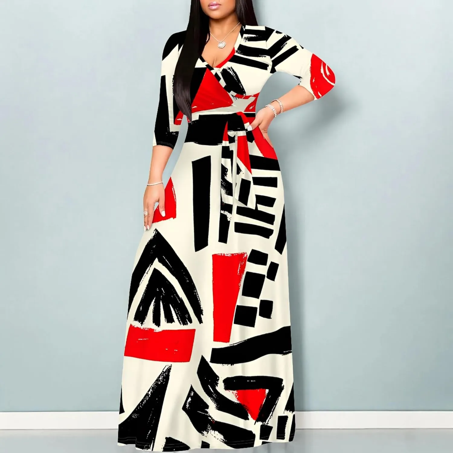 2024 Fall Maxi Dress for Curvy Women Casual Sexy Bodycon V-Neck 3/4 Sleeve Floral Flowy Boho Wrap Sundress with Belt