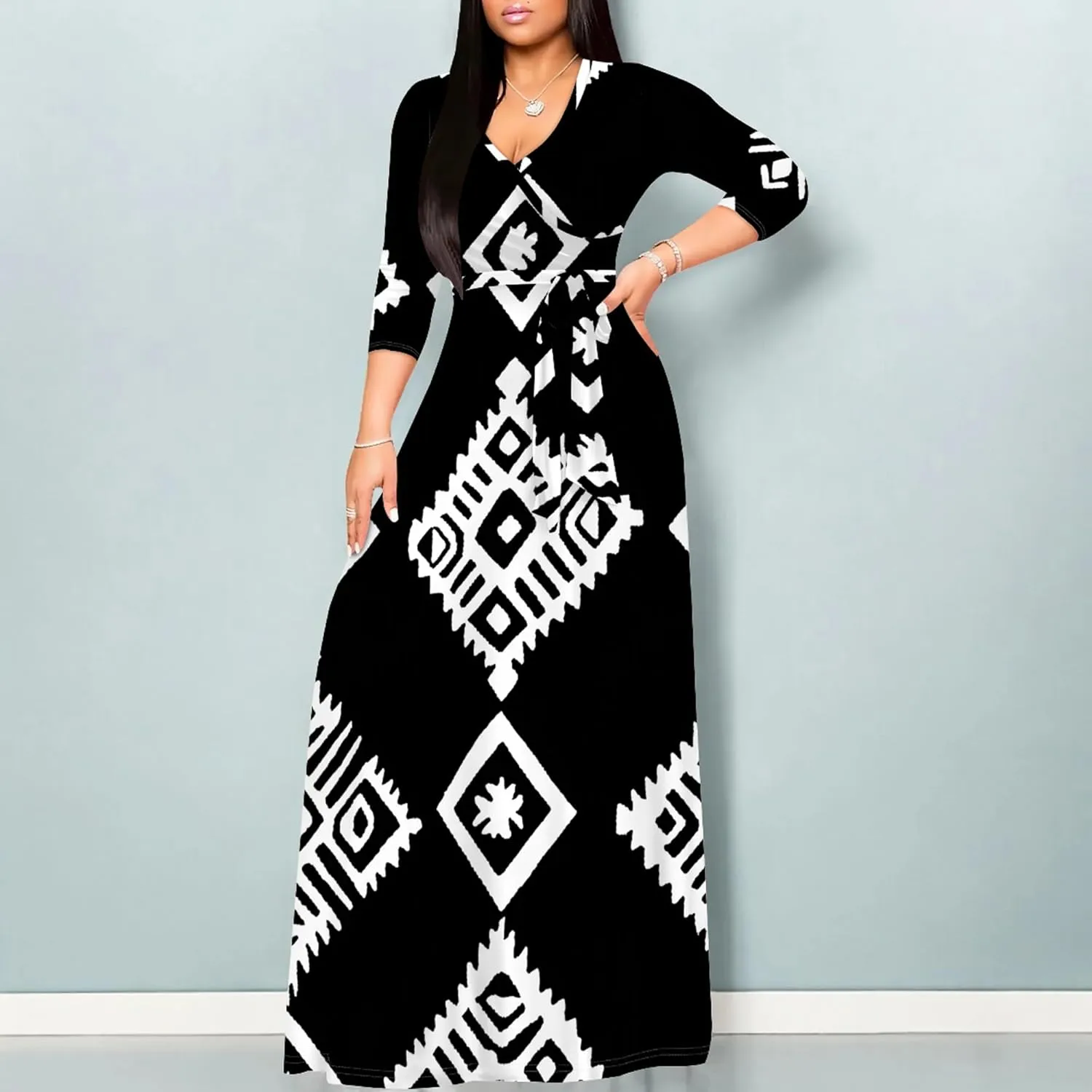2024 Fall Maxi Dress for Curvy Women Casual Sexy Bodycon V-Neck 3/4 Sleeve Floral Flowy Boho Wrap Sundress with Belt