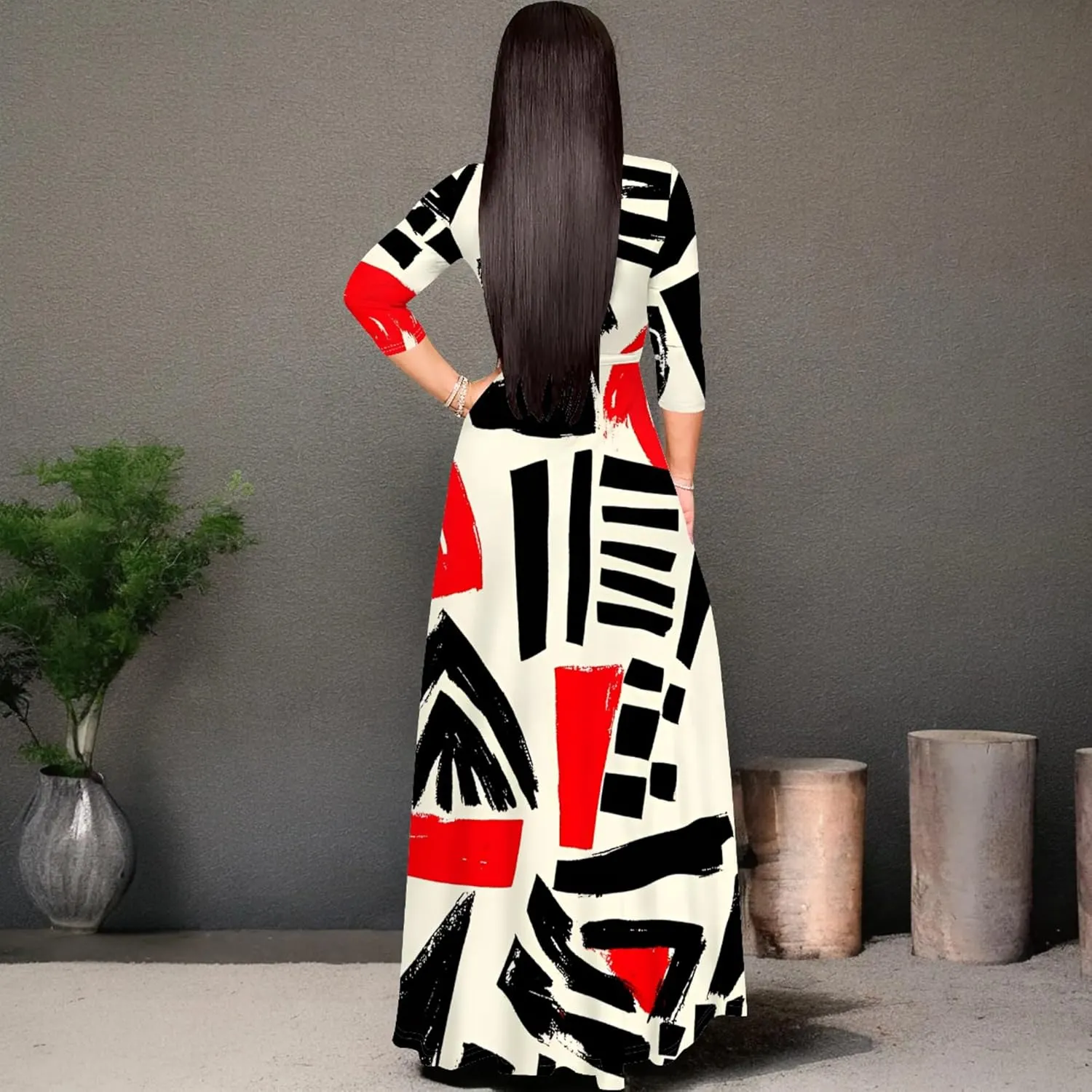 2024 Fall Maxi Dress for Curvy Women Casual Sexy Bodycon V-Neck 3/4 Sleeve Floral Flowy Boho Wrap Sundress with Belt