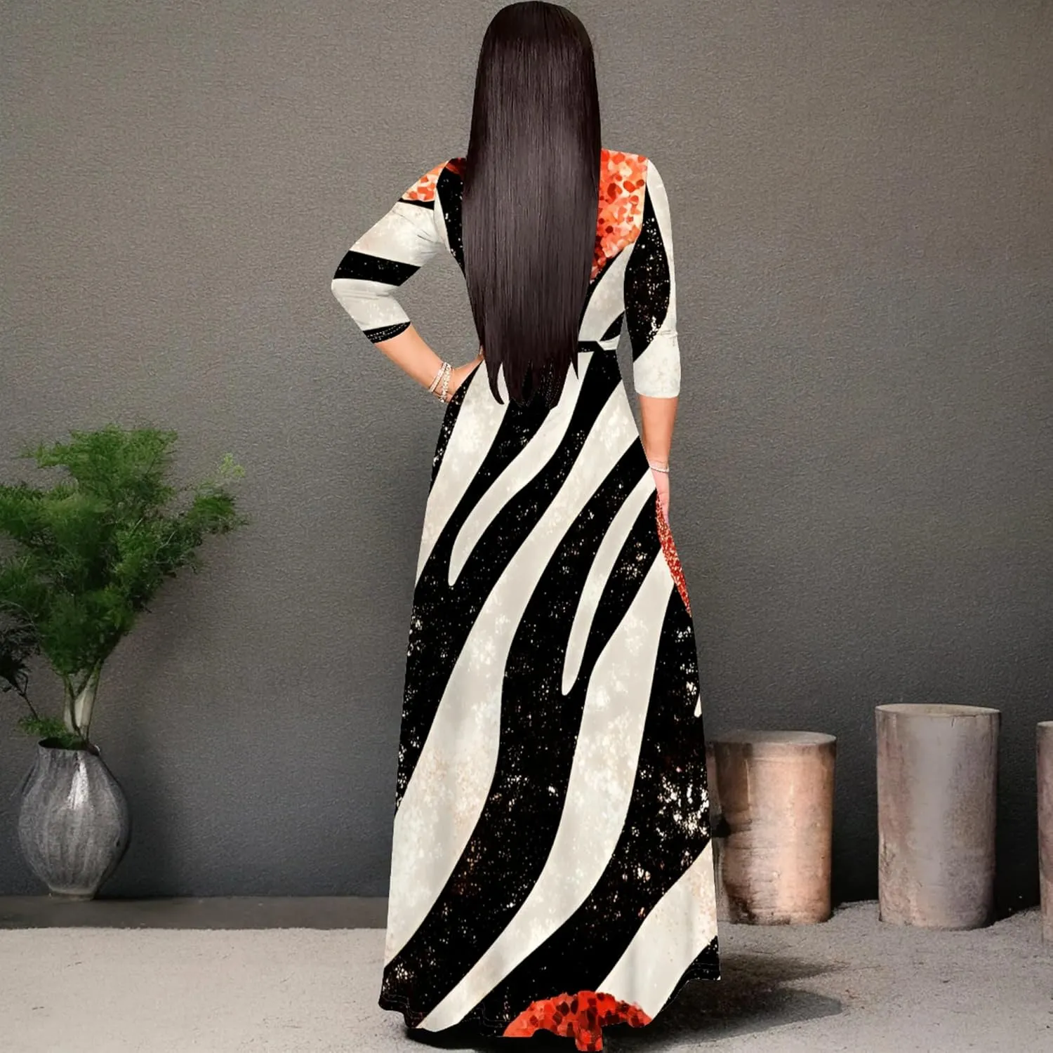 2024 Fall Maxi Dress for Curvy Women Casual Sexy Bodycon V-Neck 3/4 Sleeve Floral Flowy Boho Wrap Sundress with Belt