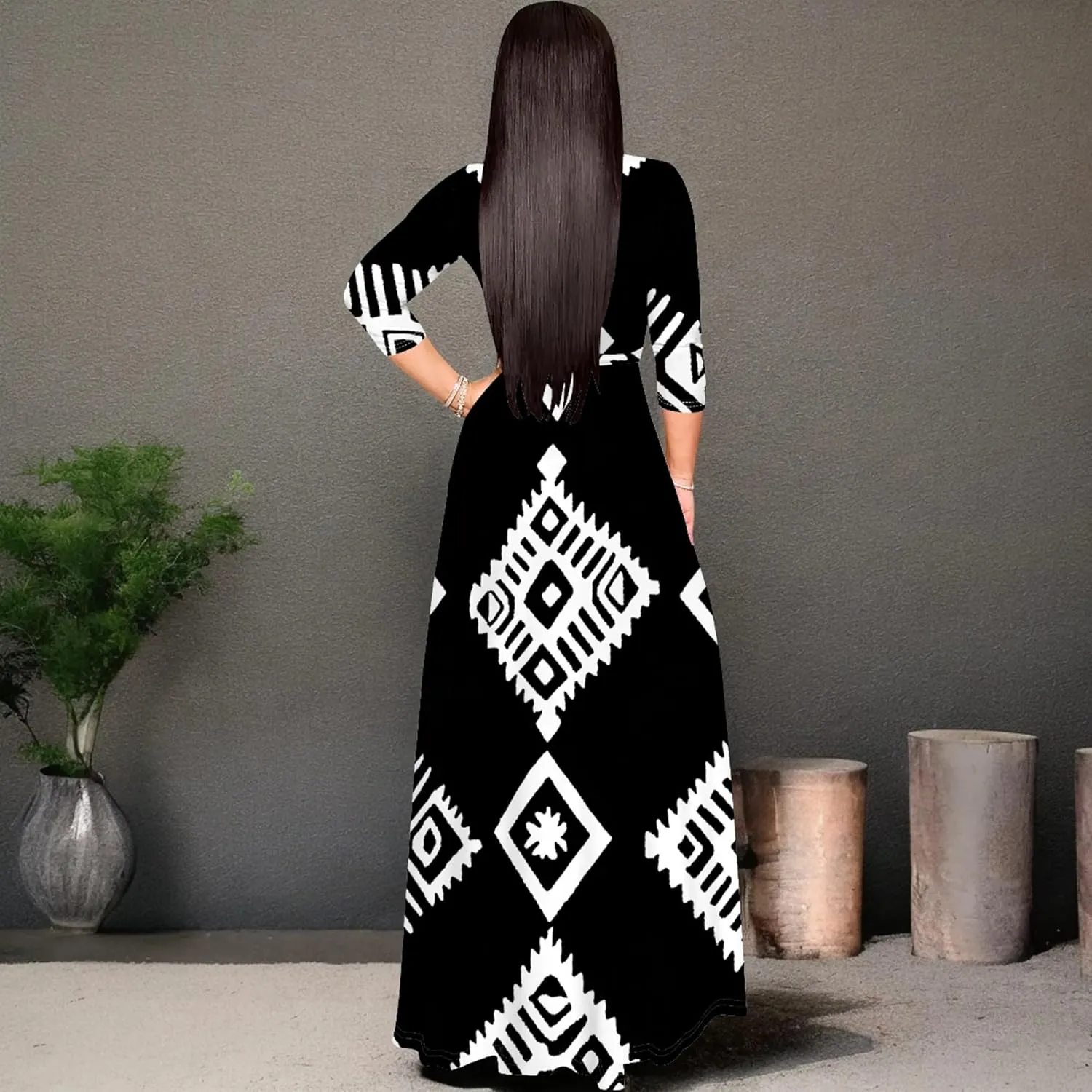 2024 Fall Maxi Dress for Curvy Women Casual Sexy Bodycon V-Neck 3/4 Sleeve Floral Flowy Boho Wrap Sundress with Belt
