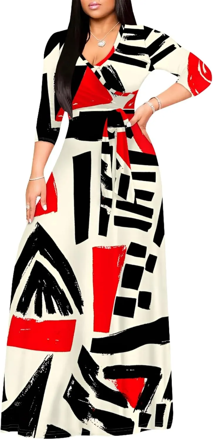 2024 Fall Maxi Dress for Curvy Women Casual Sexy Bodycon V-Neck 3/4 Sleeve Floral Flowy Boho Wrap Sundress with Belt