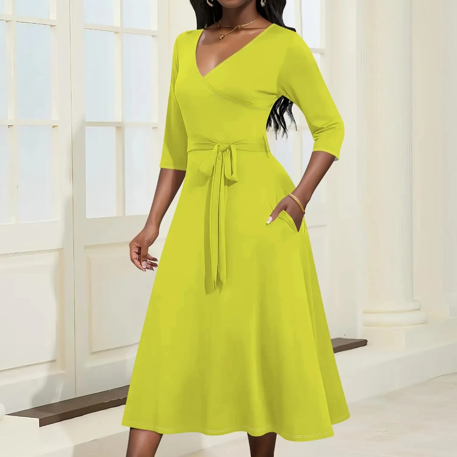 2024 Women Fall Casual Sexy Wrap Dresses Solid Color Bohemian Beach Summer Midi Dress with Pockets V-Neck 3/4 Sleeve