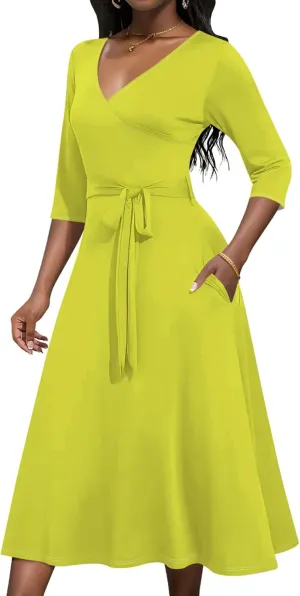 2024 Women Fall Casual Sexy Wrap Dresses Solid Color Bohemian Beach Summer Midi Dress with Pockets V-Neck 3/4 Sleeve