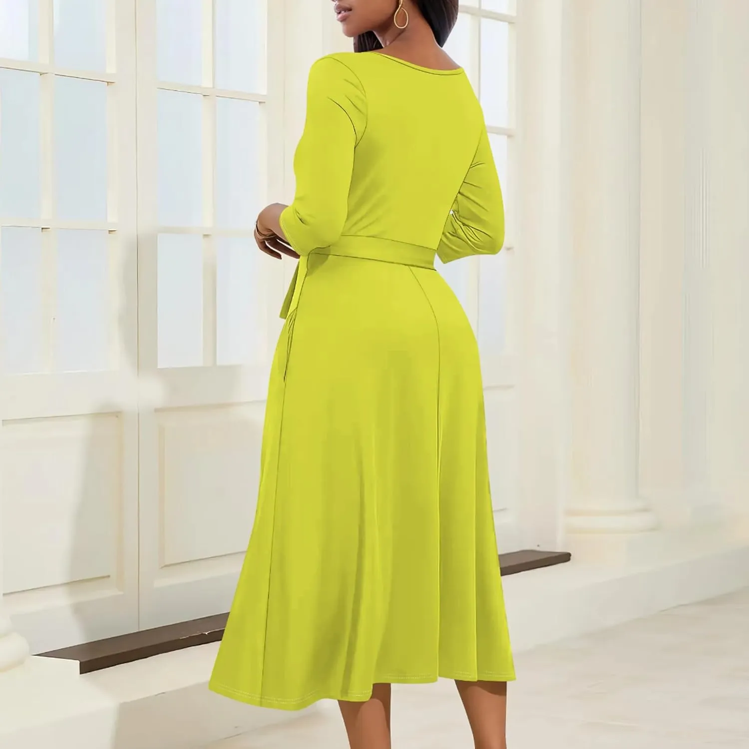 2024 Women Fall Casual Sexy Wrap Dresses Solid Color Bohemian Beach Summer Midi Dress with Pockets V-Neck 3/4 Sleeve