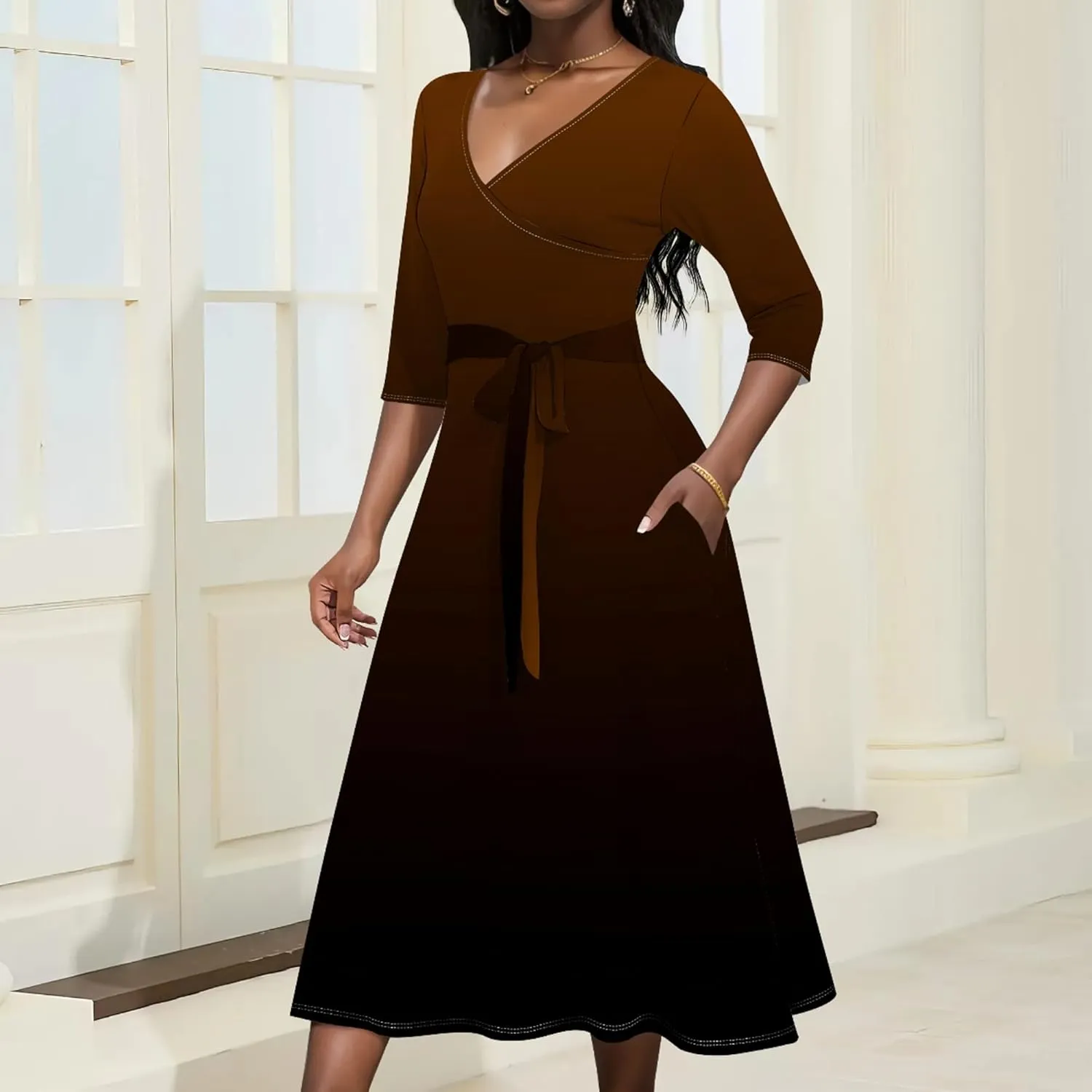 2024 Women Fall Casual Sexy Wrap Dresses Solid Color Bohemian Beach Summer Midi Dress with Pockets V-Neck 3/4 Sleeve