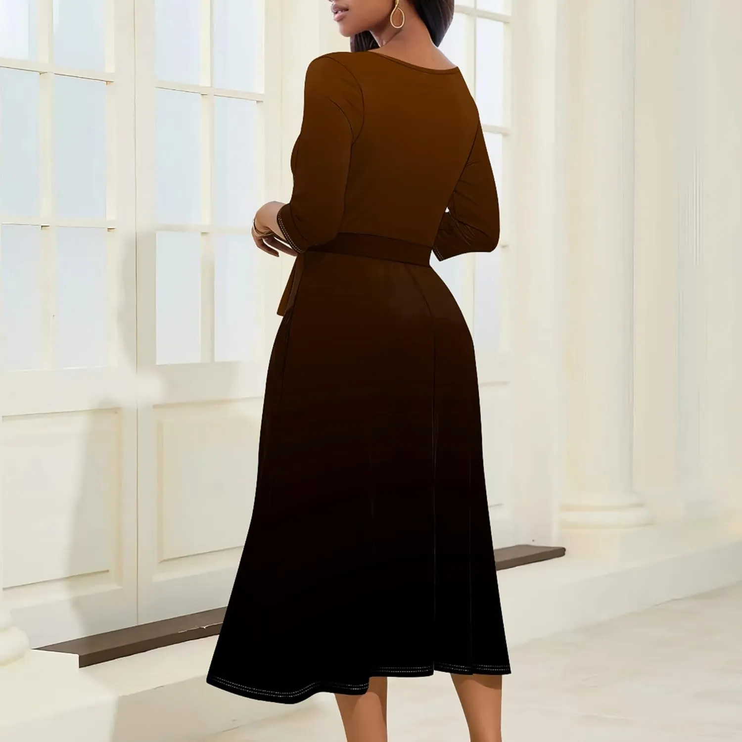 2024 Women Fall Casual Sexy Wrap Dresses Solid Color Bohemian Beach Summer Midi Dress with Pockets V-Neck 3/4 Sleeve