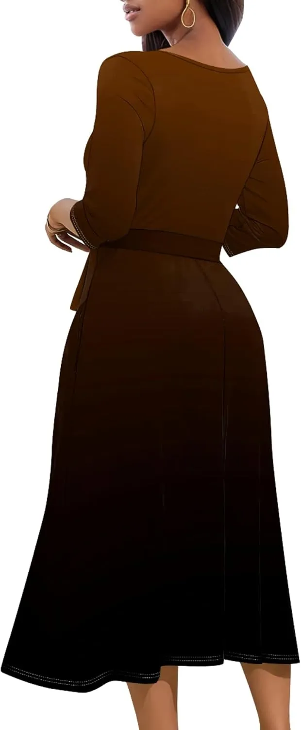 2024 Women Fall Casual Sexy Wrap Dresses Solid Color Bohemian Beach Summer Midi Dress with Pockets V-Neck 3/4 Sleeve