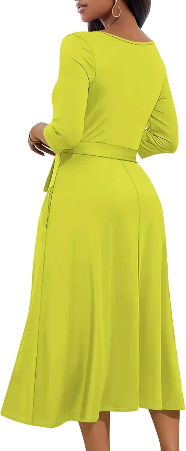 2024 Women Fall Casual Sexy Wrap Dresses Solid Color Bohemian Beach Summer Midi Dress with Pockets V-Neck 3/4 Sleeve