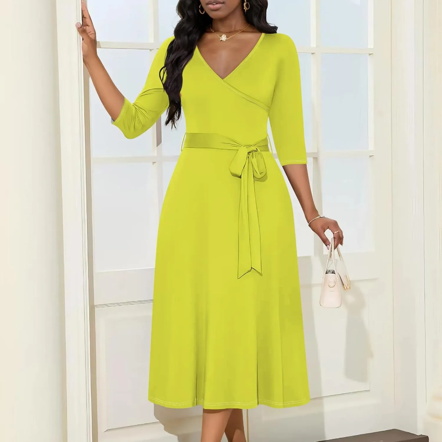 2024 Women Fall Casual Sexy Wrap Dresses Solid Color Bohemian Beach Summer Midi Dress with Pockets V-Neck 3/4 Sleeve