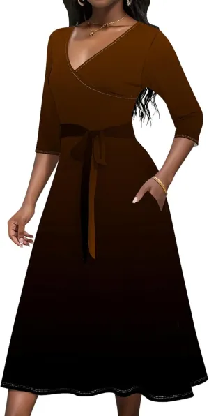 2024 Women Fall Casual Sexy Wrap Dresses Solid Color Bohemian Beach Summer Midi Dress with Pockets V-Neck 3/4 Sleeve
