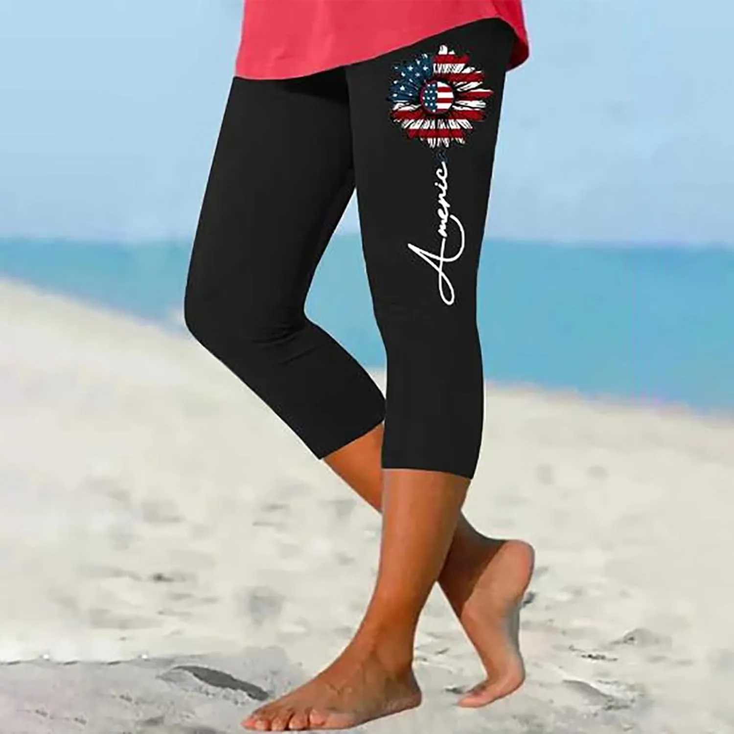 4th of July USA Patriotic Womens Capris Leggings Summer High Waist Pant Tummy Control Knee Length Slim Fit Yoga Cropped
