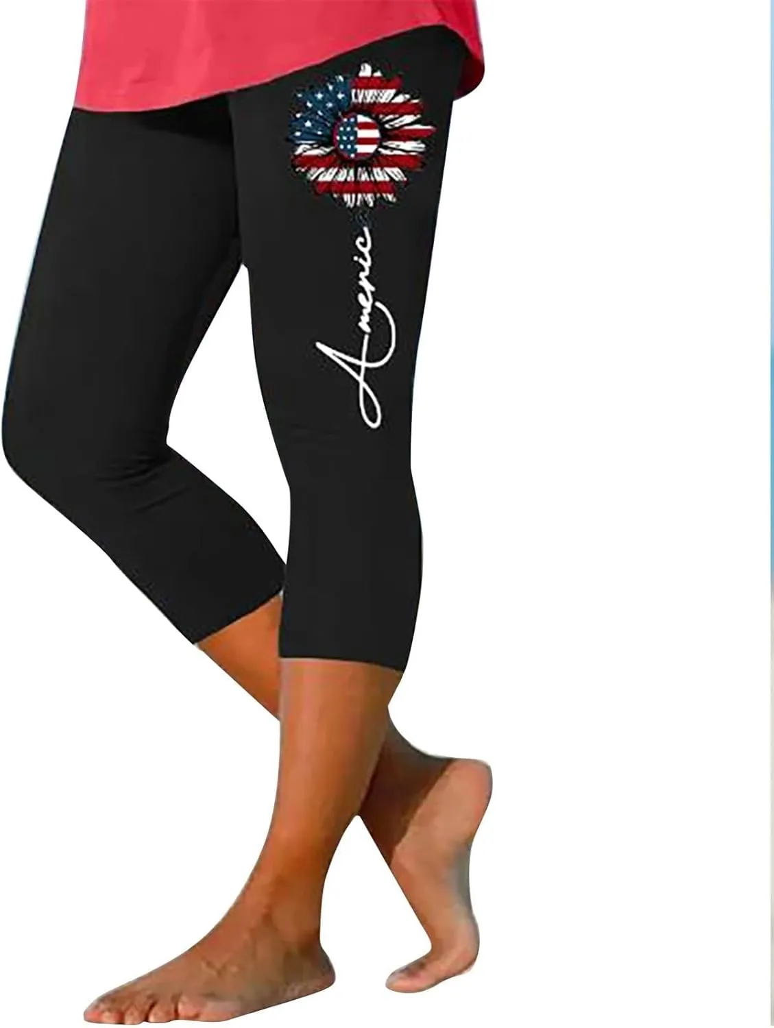 4th of July USA Patriotic Womens Capris Leggings Summer High Waist Pant Tummy Control Knee Length Slim Fit Yoga Cropped
