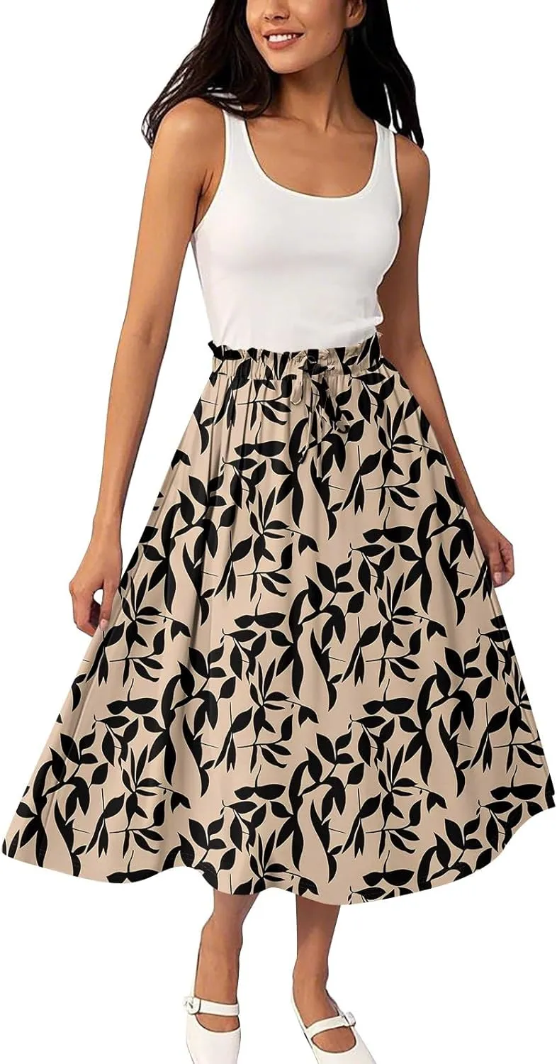 ADHOWBEW Boho Skirts for Women Cute Beach Plus Size Ruffle Trendy A Line Midi Length High Waisted Casual Flowy Spring Skirts