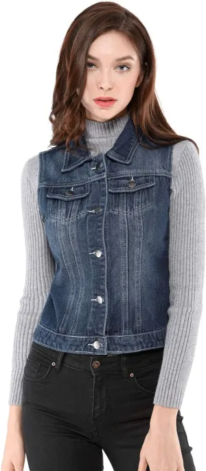 Allegra K Women's Buttoned Washed Denim Vest Jacket W Chest Flap Pockets