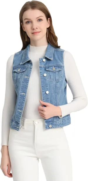 Allegra K Women's Buttoned Washed Denim Vest Jacket W Chest Flap Pockets