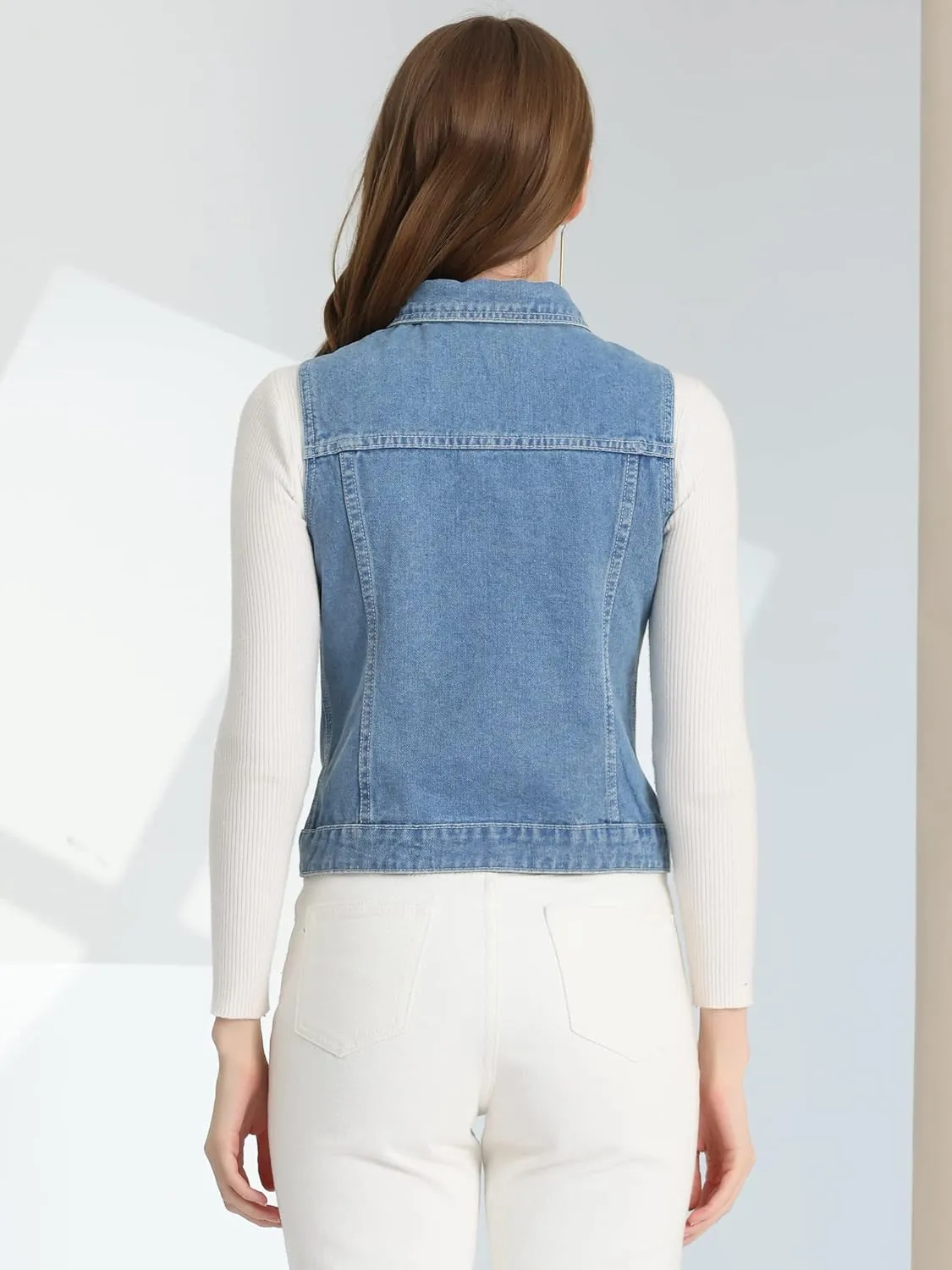 Allegra K Women's Buttoned Washed Denim Vest Jacket W Chest Flap Pockets