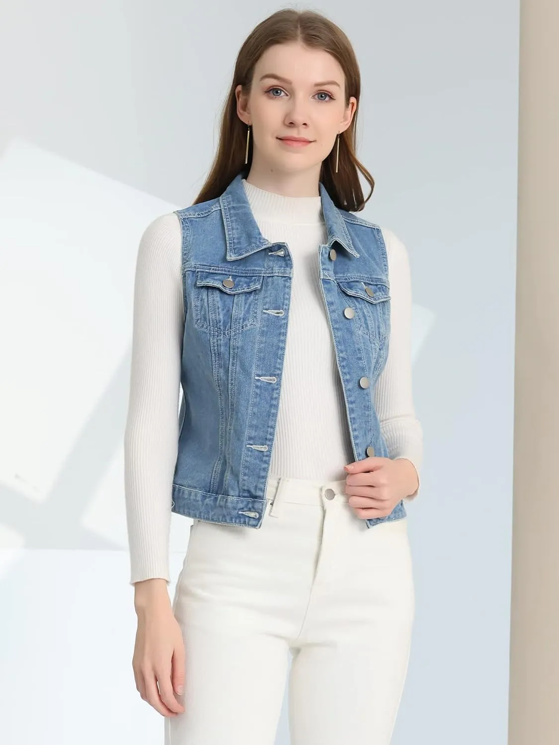 Allegra K Women's Buttoned Washed Denim Vest Jacket W Chest Flap Pockets