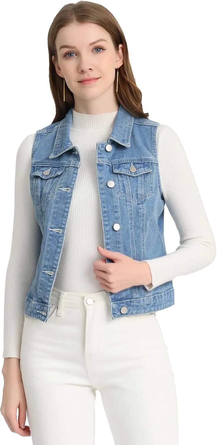 Allegra K Women's Buttoned Washed Denim Vest Jacket W Chest Flap Pockets