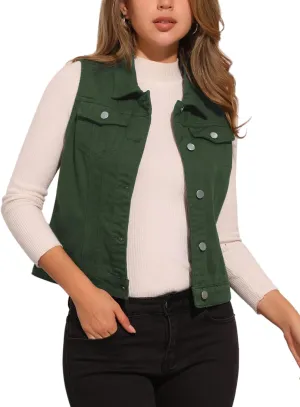 Allegra K Women's Buttoned Washed Denim Vest Jacket W Chest Flap Pockets