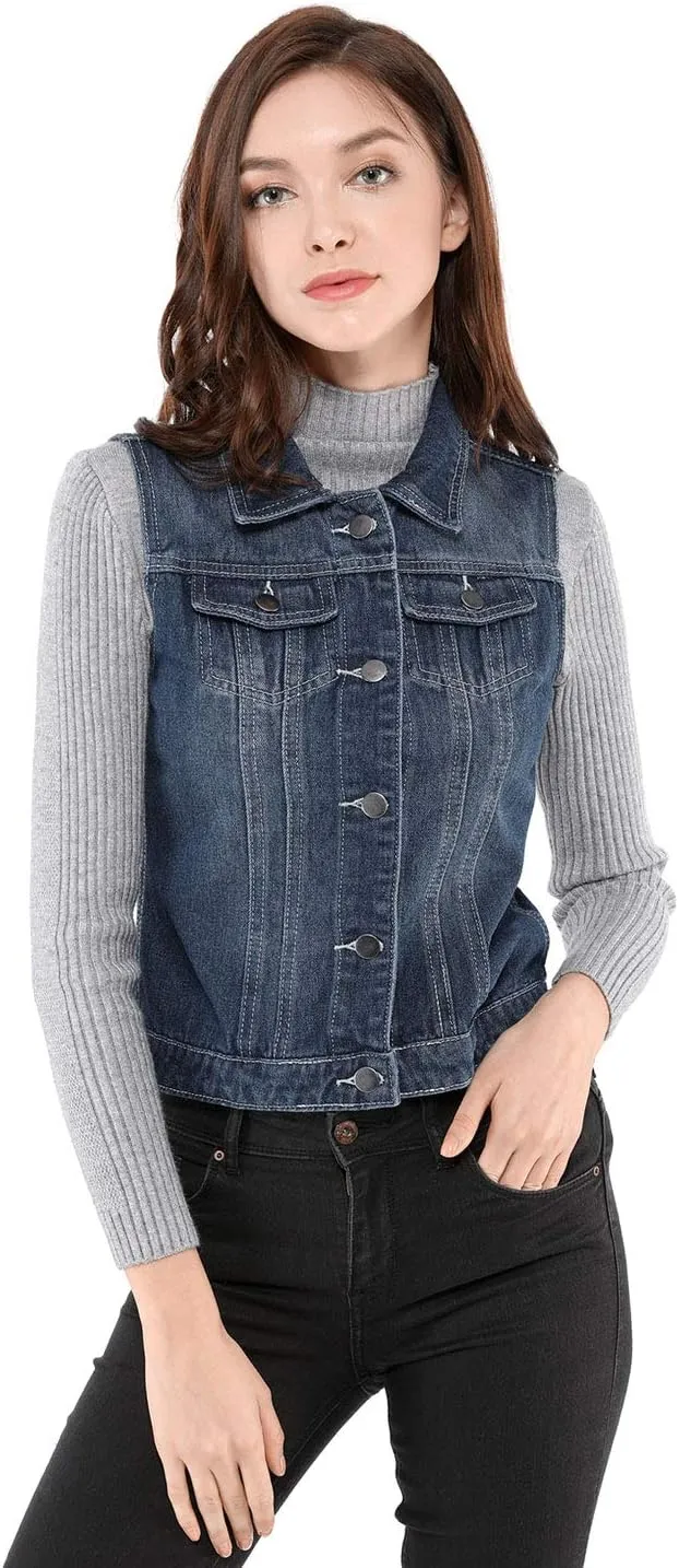 Allegra K Women's Buttoned Washed Denim Vest Jacket W Chest Flap Pockets