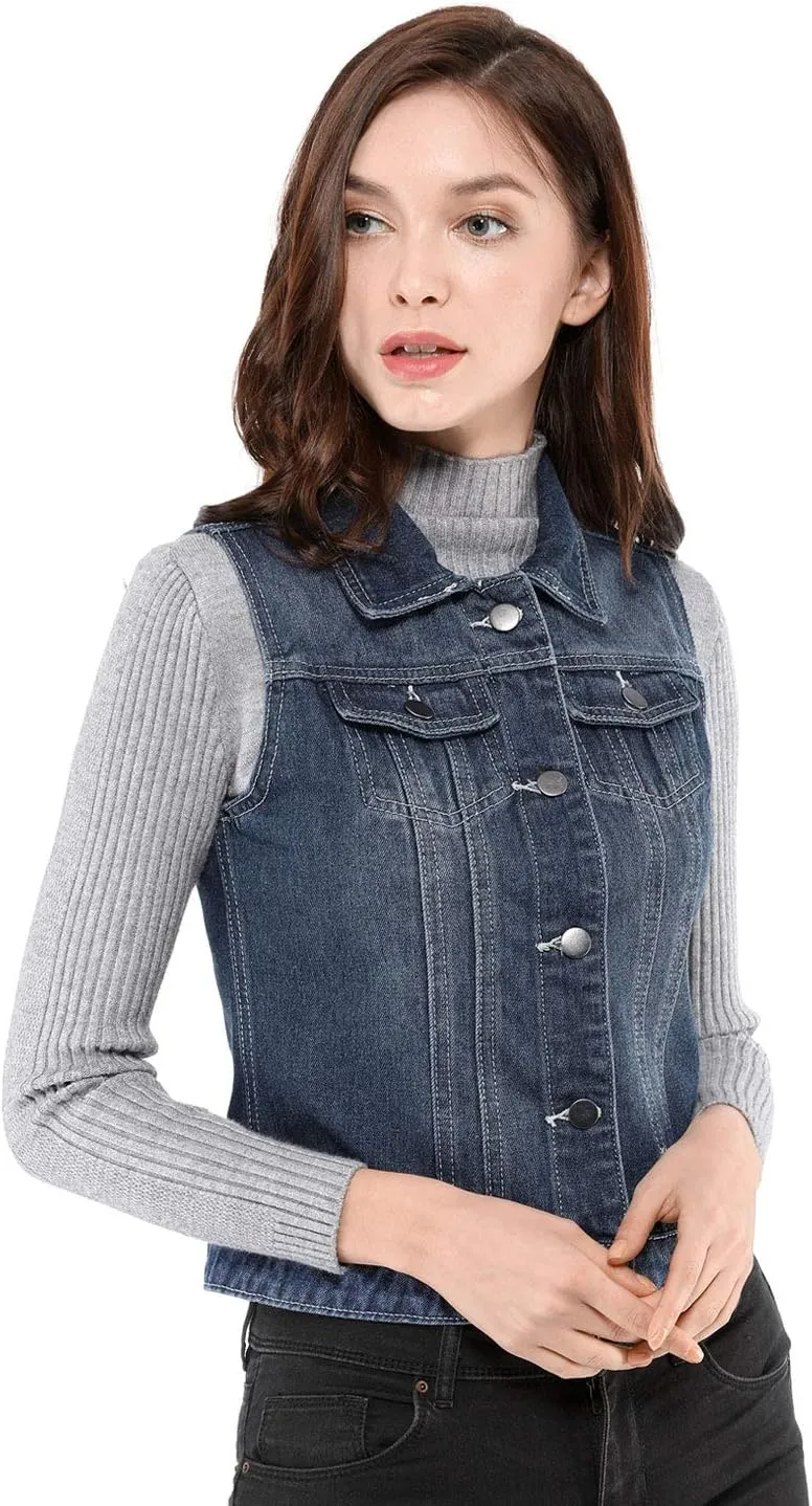 Allegra K Women's Buttoned Washed Denim Vest Jacket W Chest Flap Pockets