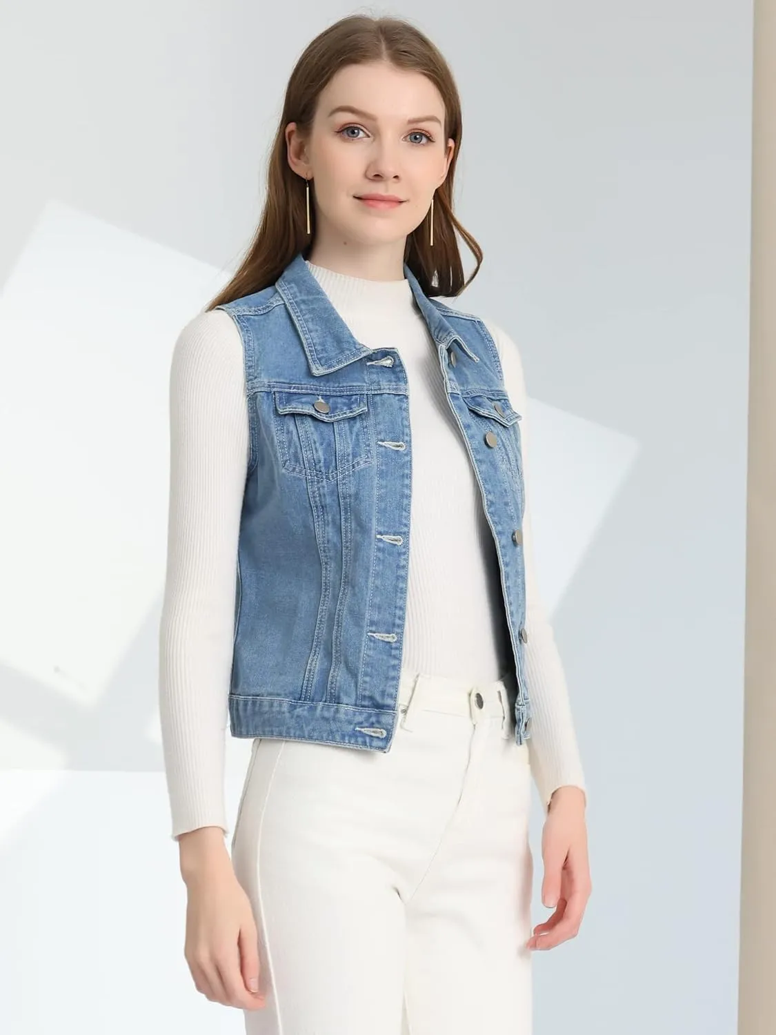Allegra K Women's Buttoned Washed Denim Vest Jacket W Chest Flap Pockets