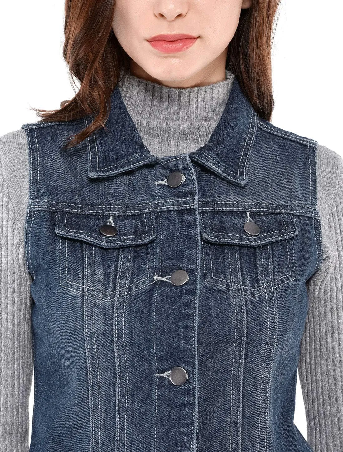 Allegra K Women's Buttoned Washed Denim Vest Jacket W Chest Flap Pockets