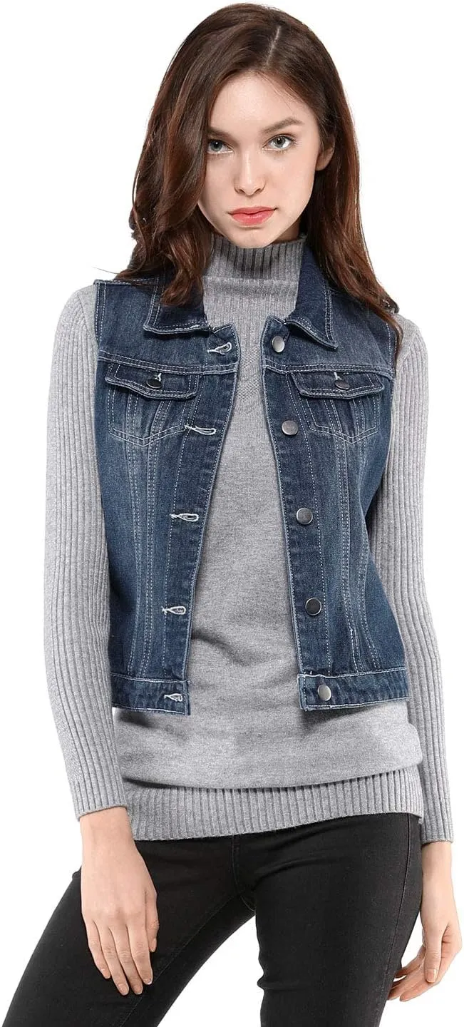 Allegra K Women's Buttoned Washed Denim Vest Jacket W Chest Flap Pockets
