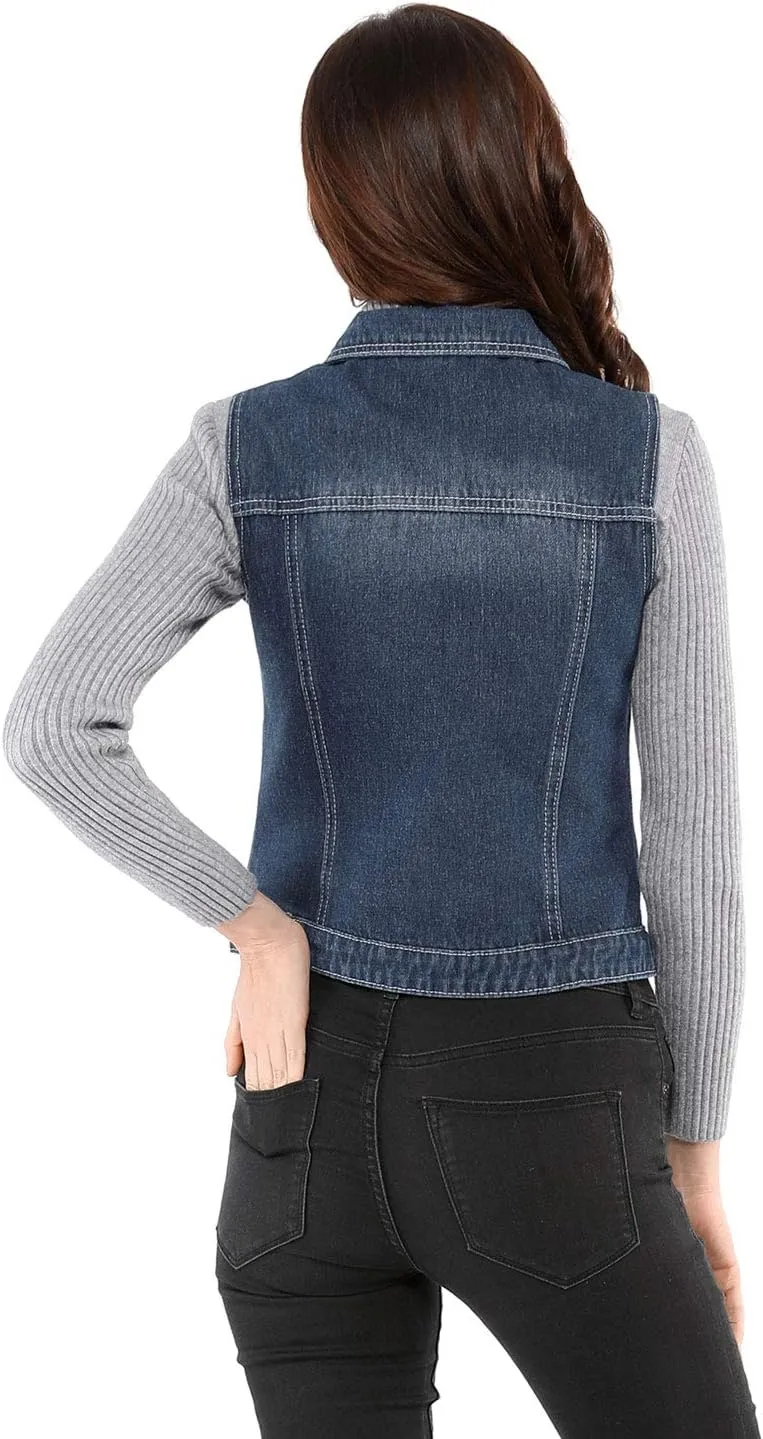Allegra K Women's Buttoned Washed Denim Vest Jacket W Chest Flap Pockets
