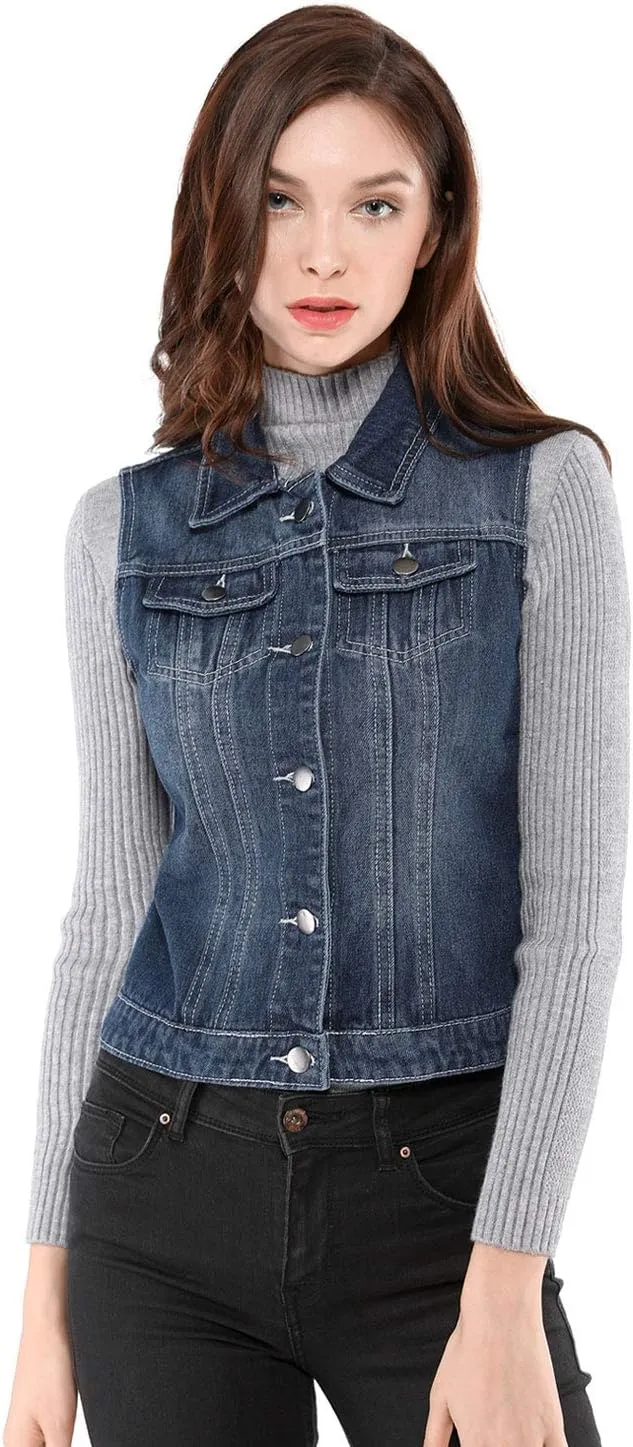 Allegra K Women's Buttoned Washed Denim Vest Jacket W Chest Flap Pockets