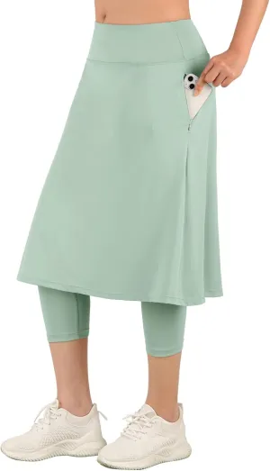 ANIVIVO Women Long Knee Length Skirt with Capris Leggings,Skirted Leggings with High Waisted Zipper Pockets