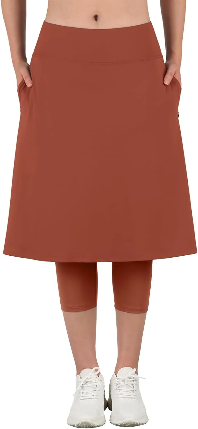 ANIVIVO Women Long Knee Length Skirt with Capris Leggings,Skirted Leggings with High Waisted Zipper Pockets
