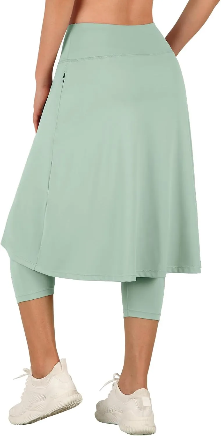 ANIVIVO Women Long Knee Length Skirt with Capris Leggings,Skirted Leggings with High Waisted Zipper Pockets