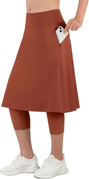 ANIVIVO Women Long Knee Length Skirt with Capris Leggings,Skirted Leggings with High Waisted Zipper Pockets