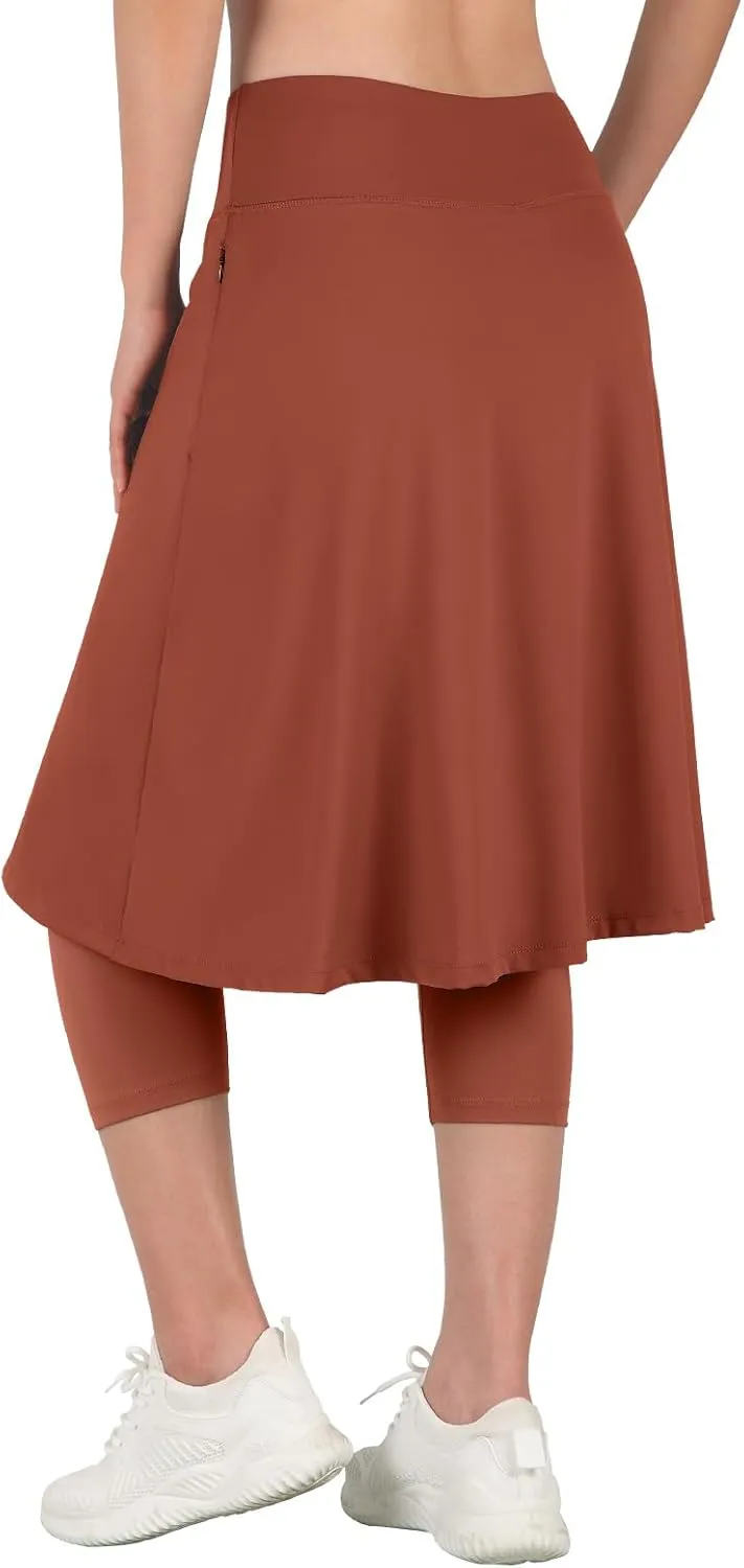 ANIVIVO Women Long Knee Length Skirt with Capris Leggings,Skirted Leggings with High Waisted Zipper Pockets
