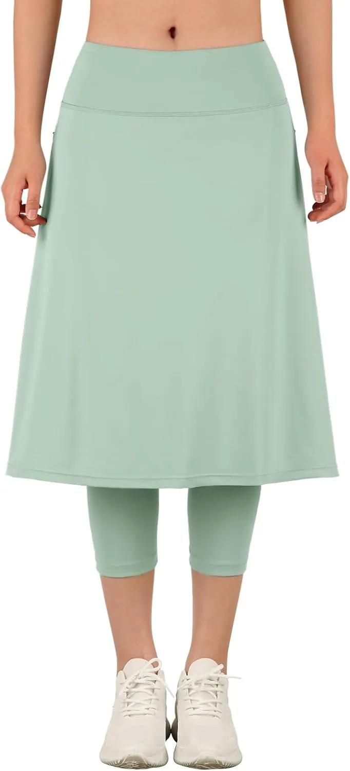 ANIVIVO Women Long Knee Length Skirt with Capris Leggings,Skirted Leggings with High Waisted Zipper Pockets