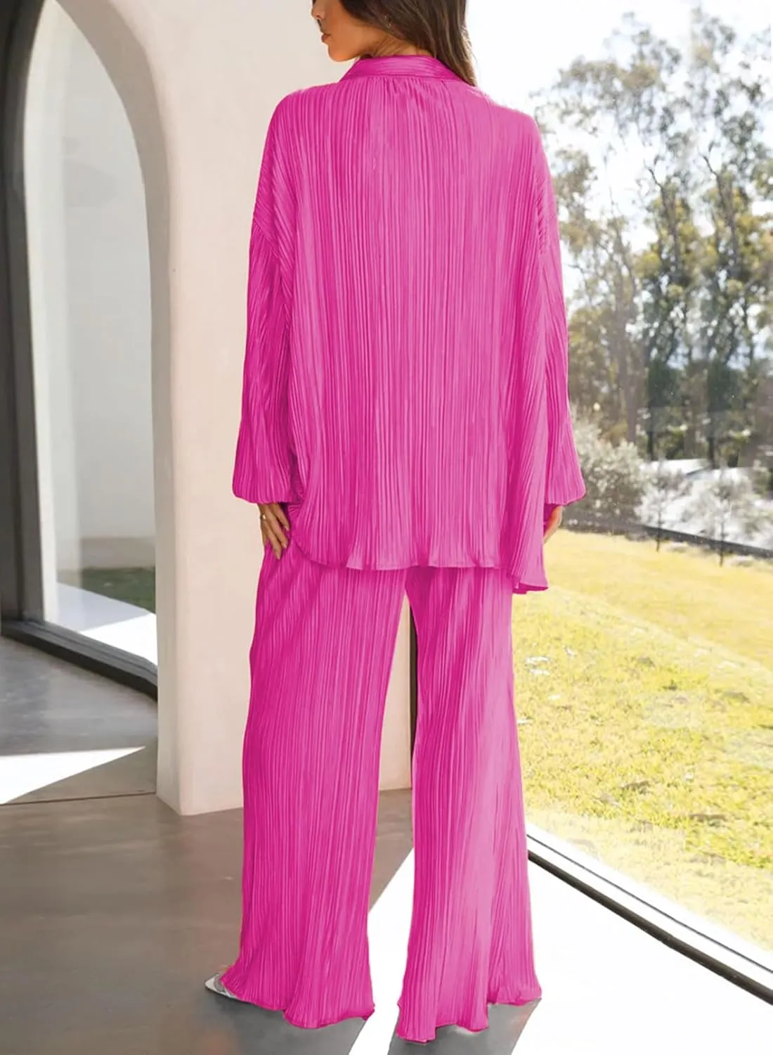 ARTFREE Womens Loungewear Set 2 Pieces Casual Pleated Outfits Sweatsuits Long Sleeve Button Down Shirt and Palazzo Pants