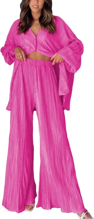 ARTFREE Womens Loungewear Set 2 Pieces Casual Pleated Outfits Sweatsuits Long Sleeve Button Down Shirt and Palazzo Pants
