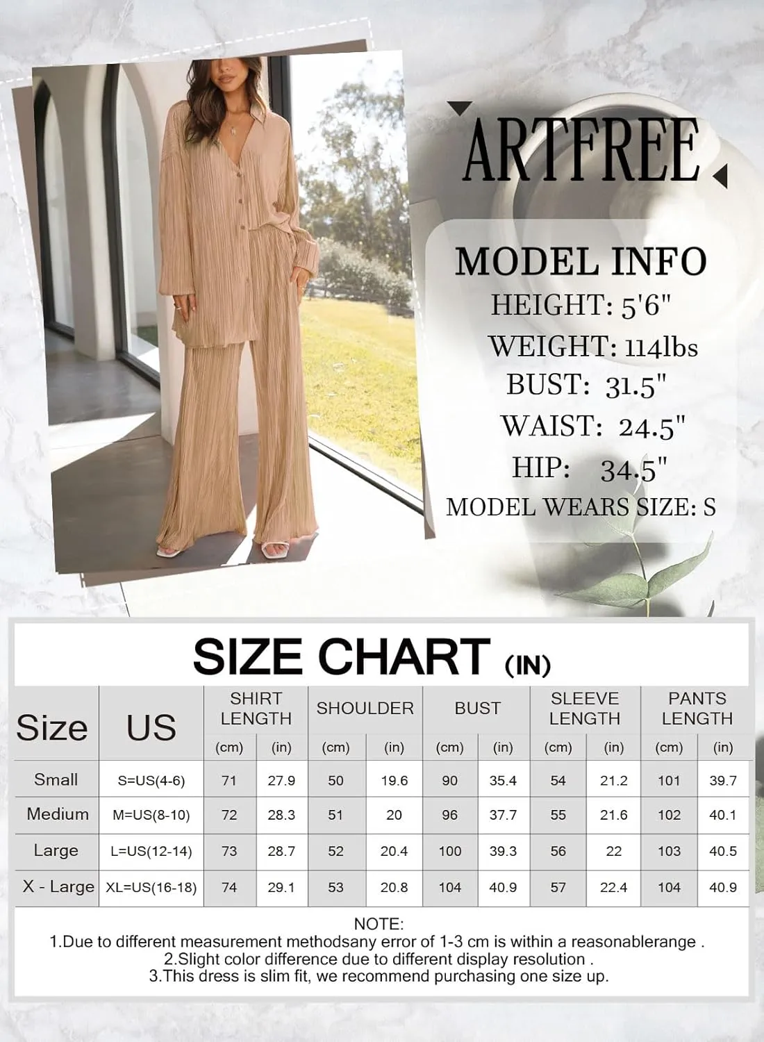ARTFREE Womens Loungewear Set 2 Pieces Casual Pleated Outfits Sweatsuits Long Sleeve Button Down Shirt and Palazzo Pants