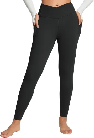baleaf Women's Crossover Fleece Lined Leggings with Pockets Thermal Warm Winter Tights Crossover High Waisted Yoga Pants