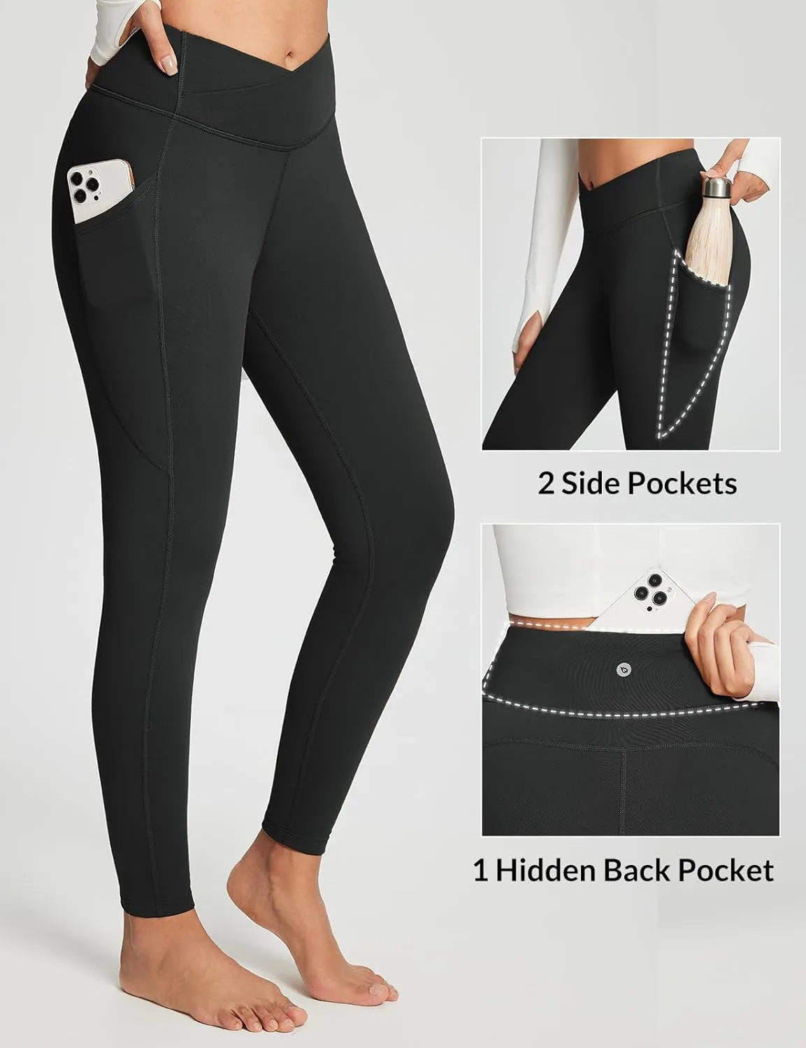 baleaf Women's Crossover Fleece Lined Leggings with Pockets Thermal Warm Winter Tights Crossover High Waisted Yoga Pants