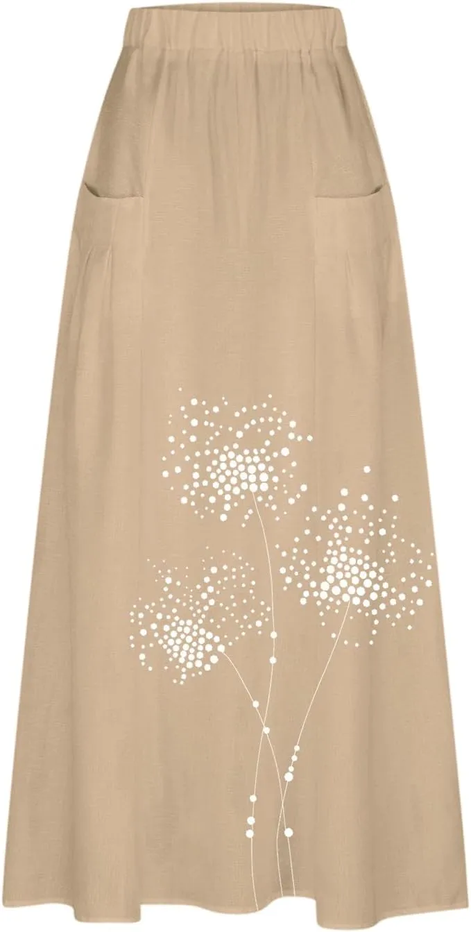 Beach Skirts for Women Fashion Floral Graphic Printed Stretchy Waisted Pleated Skirt Oversized Boho Vacation Skirt